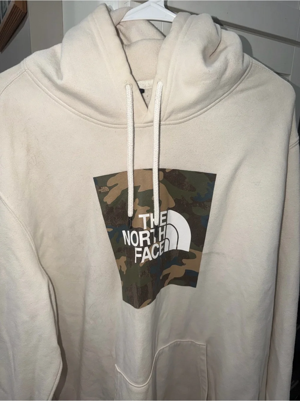The North Face Men's Cream Crewneck Hoodie with Camo Logo